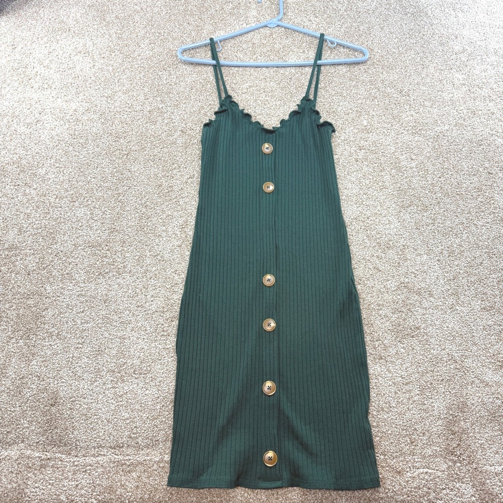 Heart Hips Dark Green Ribbed Ruffle Mini Dress Medium Spaghetti Strap Bodycon